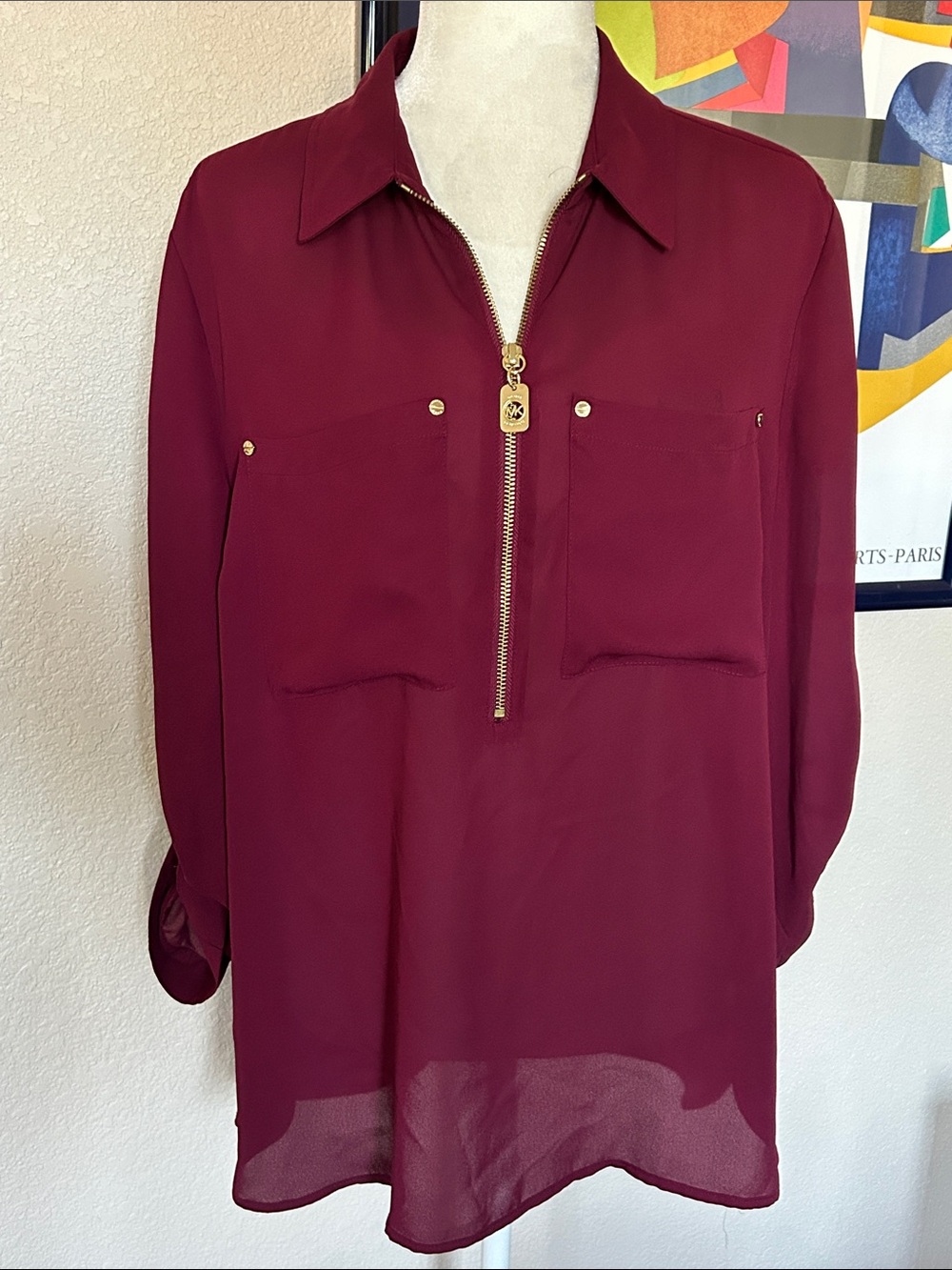 Michael Kors top pullover tunic XL Burgundy Gold logos lightweight comfort EUC